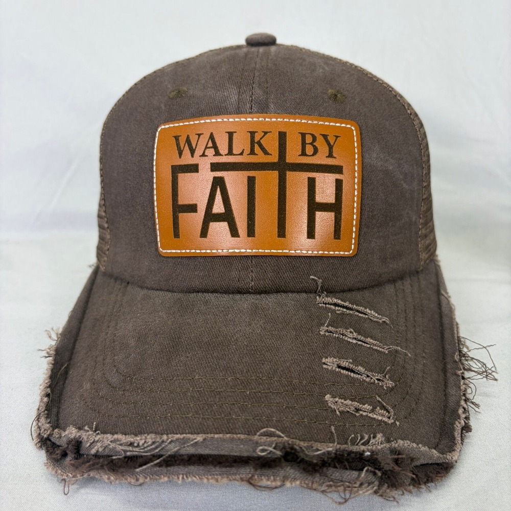 Walk By Faith Christian Cross Distressed Trucker Hat Snapback Leather Patch